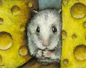 Dear God, please don't let them find me... - hamster on a cheese shelf - 5x7 print of an original painting by Tanya Bond