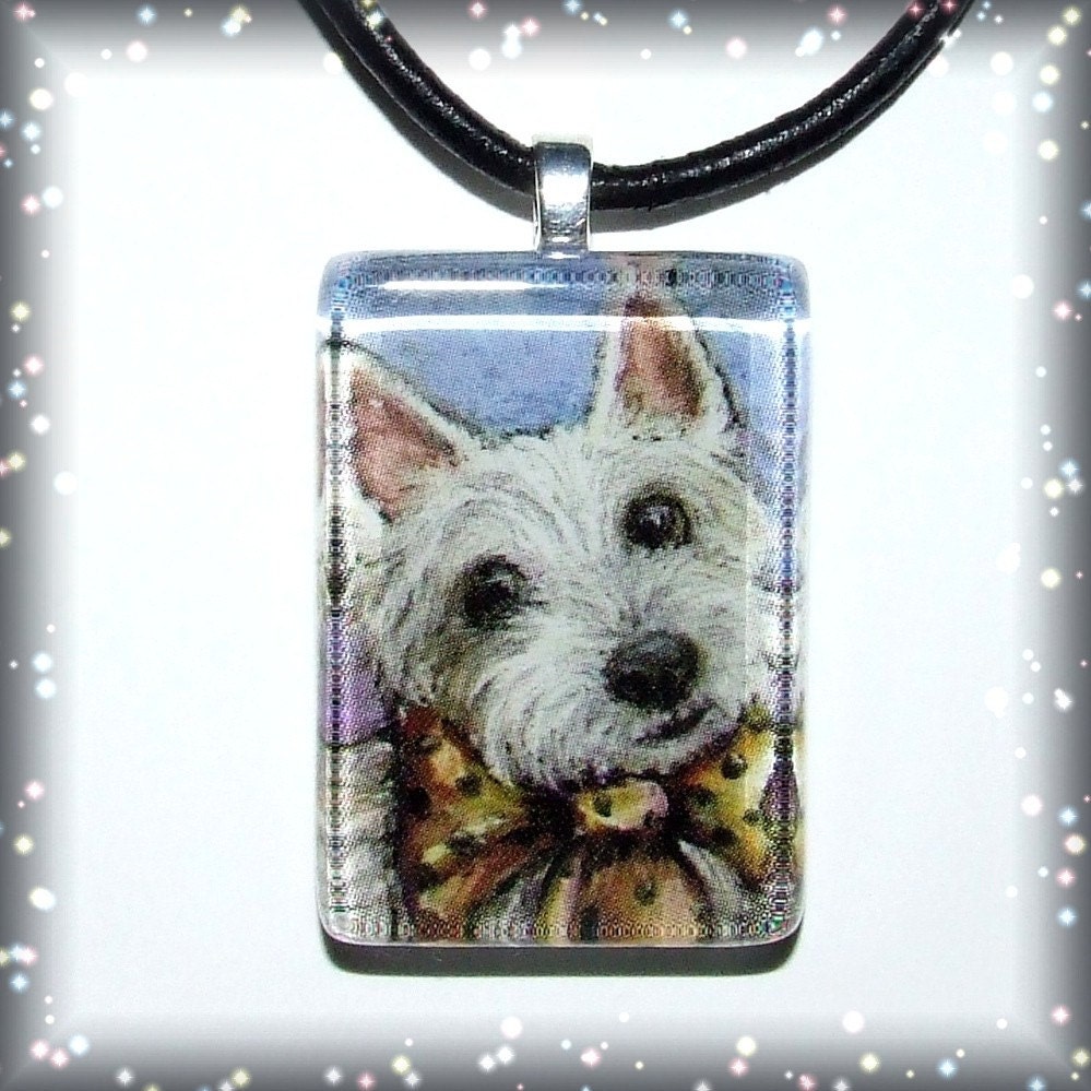 Birthday Westie - West Highland white terrier - wearable art necklace featuring print of painting by Tanya Bond