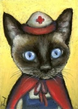 Portrait of a very hard working nurse cat exhausted after a night shift at a busy hospital - 5x7 PRINT of a painting by Tanya Bond