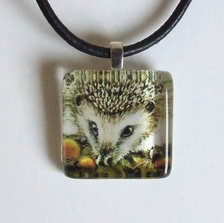 Hedgehog and yummy mushrooms -  square GLASS TILE PENDANT - wearable art necklace featuring print of painting by Tanya Bond