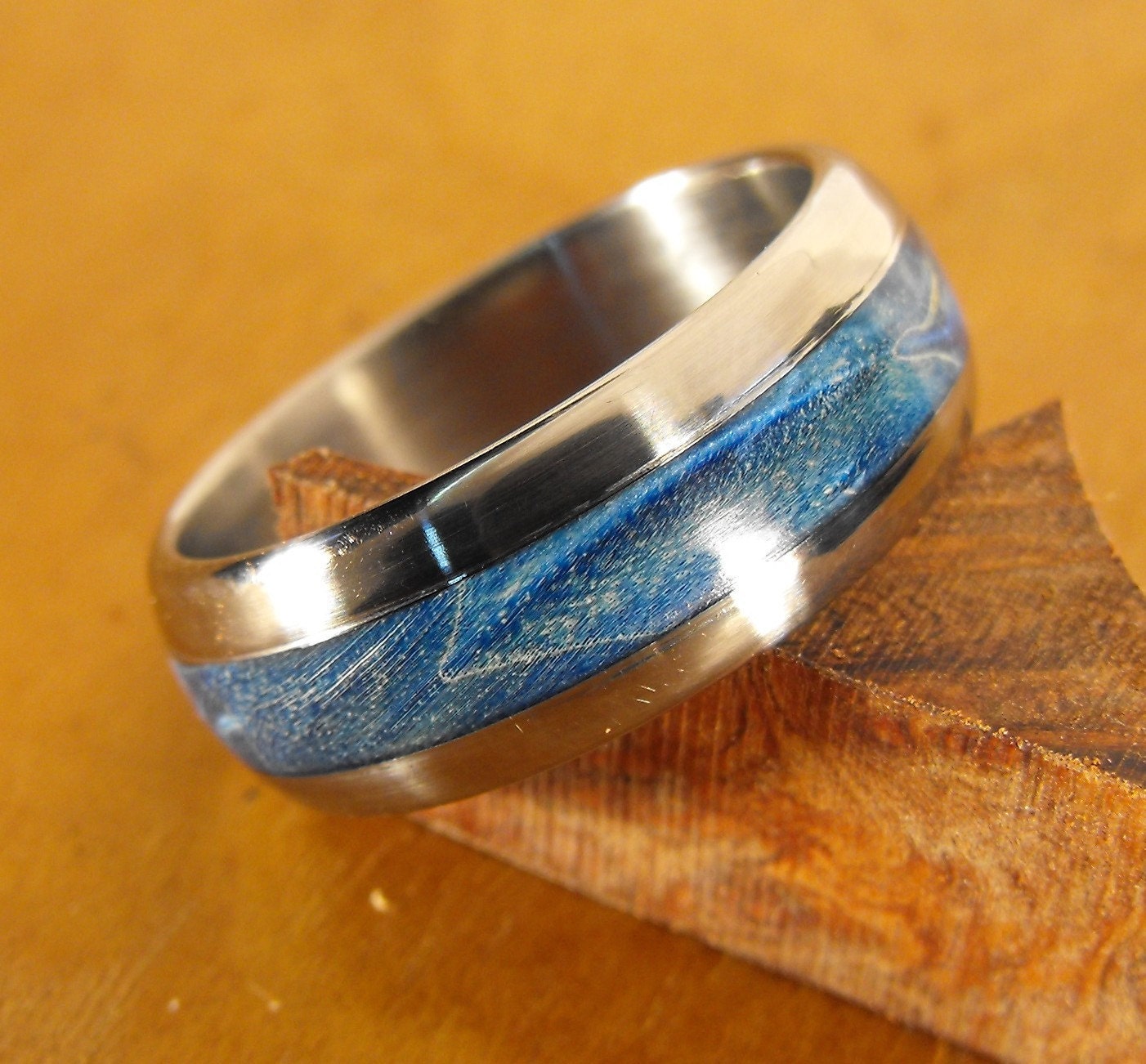 Titanium Ring with Blue Box Elder Inlay