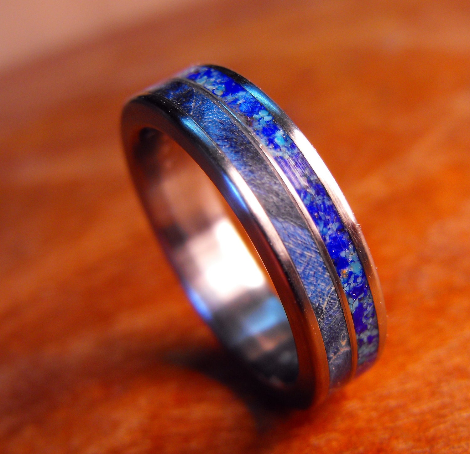 Titanium Wedding Ring- Blue Wood and Stone