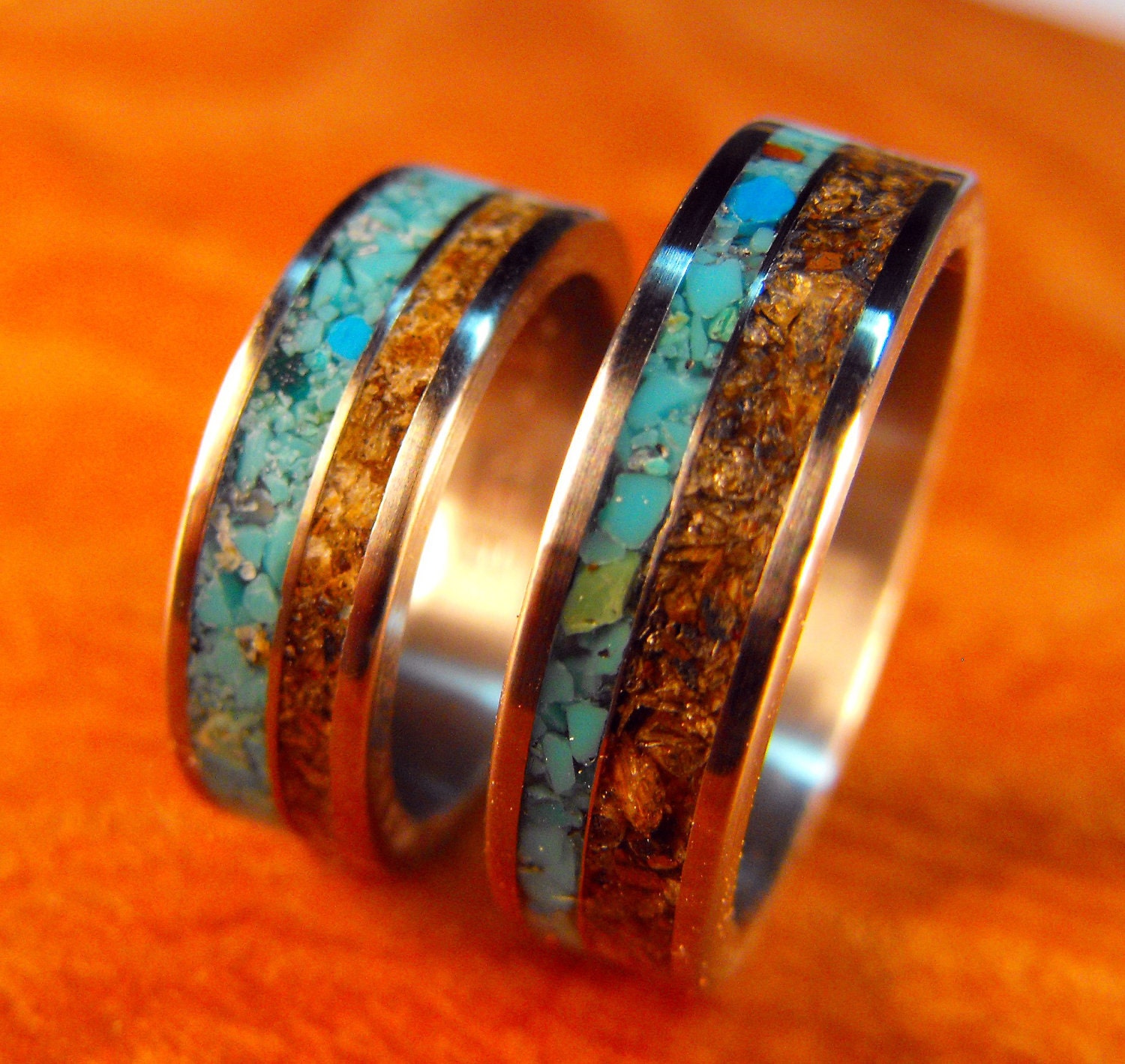 Titanium Wedding Band Set- Turquoise and Tigerseye Stone Inlays