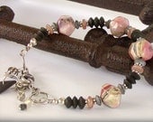 Rhodochrosite Bracelet, Adjustable Length, Pink and Black