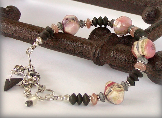 Rhodochrosite Bracelet, Adjustable Length, Pink and Black