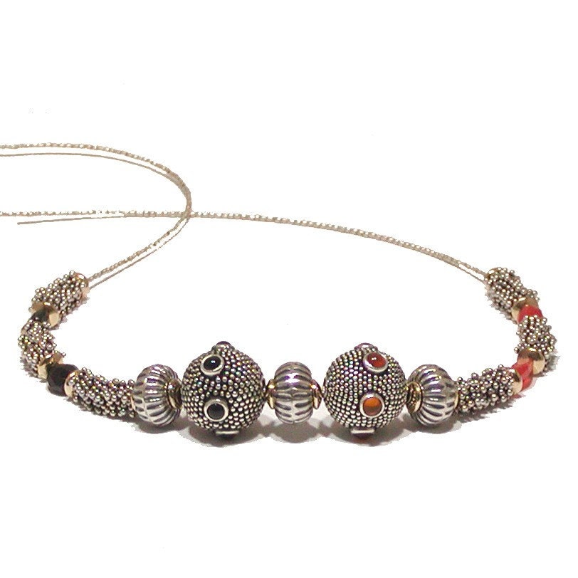 Fire Opal Necklace with Black Onyx and Sterling Silver