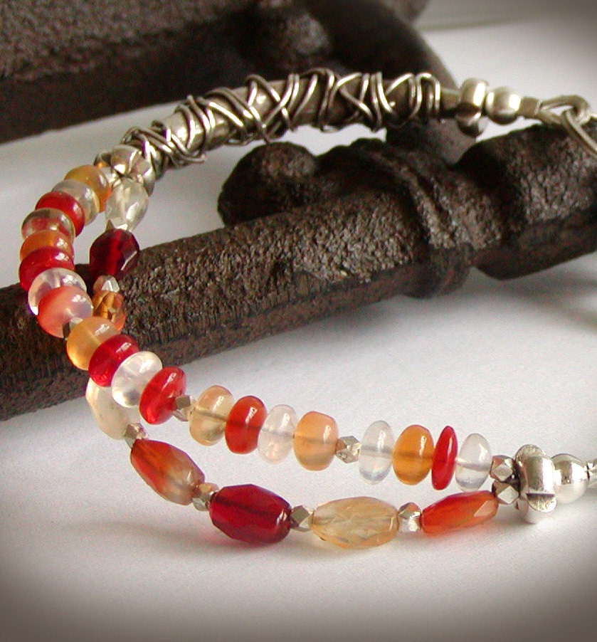 Opal Bracelet - Multi Strand Fire Opal with Wirework in Fine Silver
