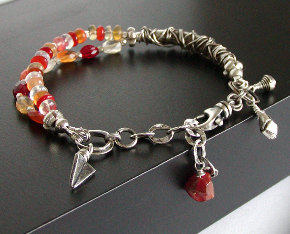 Opal Bracelet - Multi Strand Fire Opal with Wirework in Fine Silver