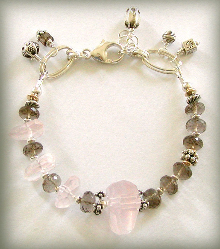 Smokey Quartz Bracelet with Rose Quartz , Sterling Silver, 14kt Gold Fill