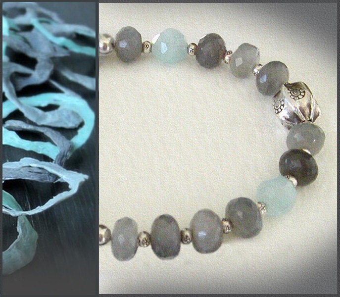 Grey Moonstone Bracelet with Aquamarine and Artisan Silver