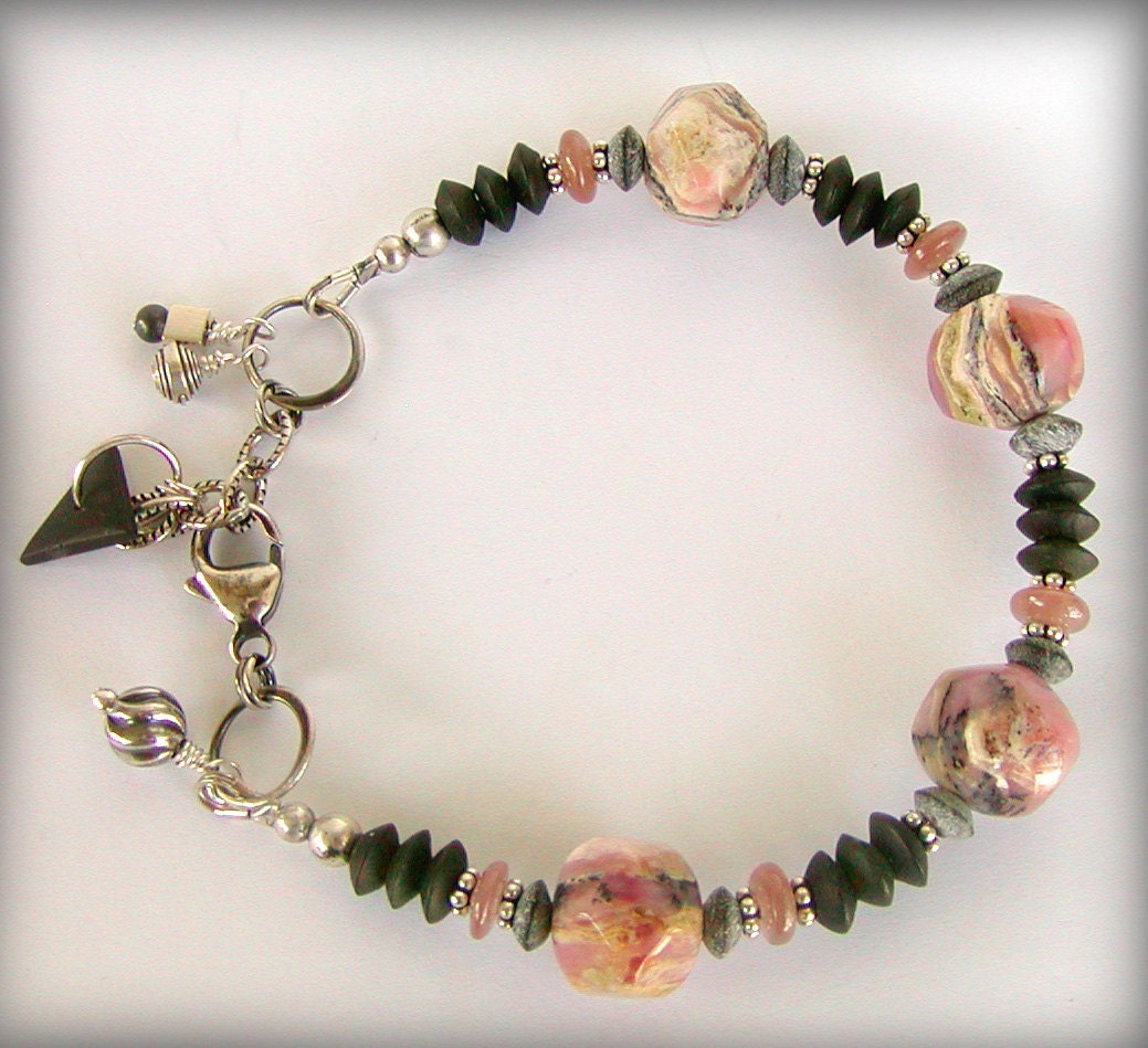 Rhodochrosite Bracelet, Adjustable Length, Pink and Black