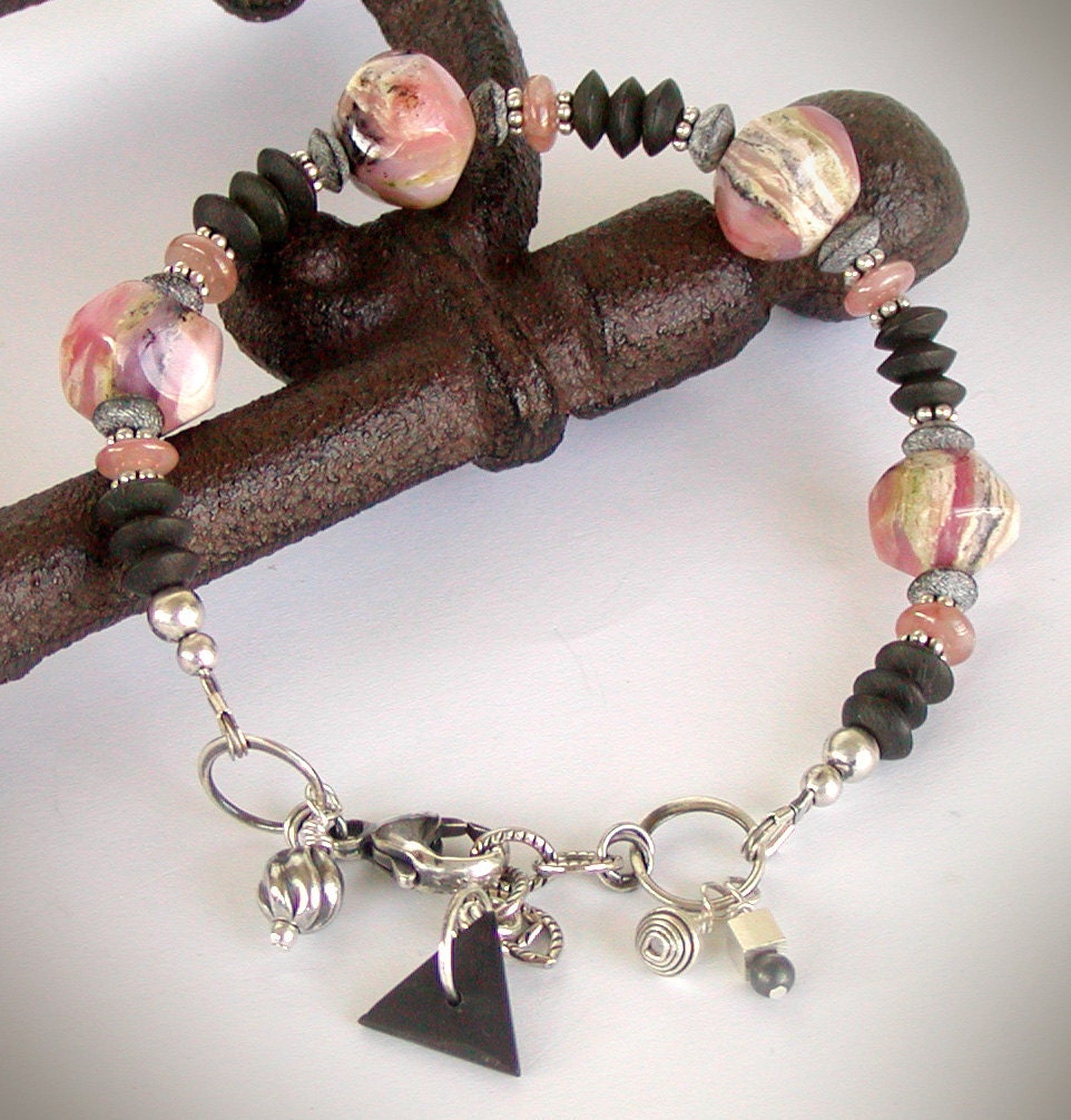 Rhodochrosite Bracelet, Adjustable Length, Pink and Black