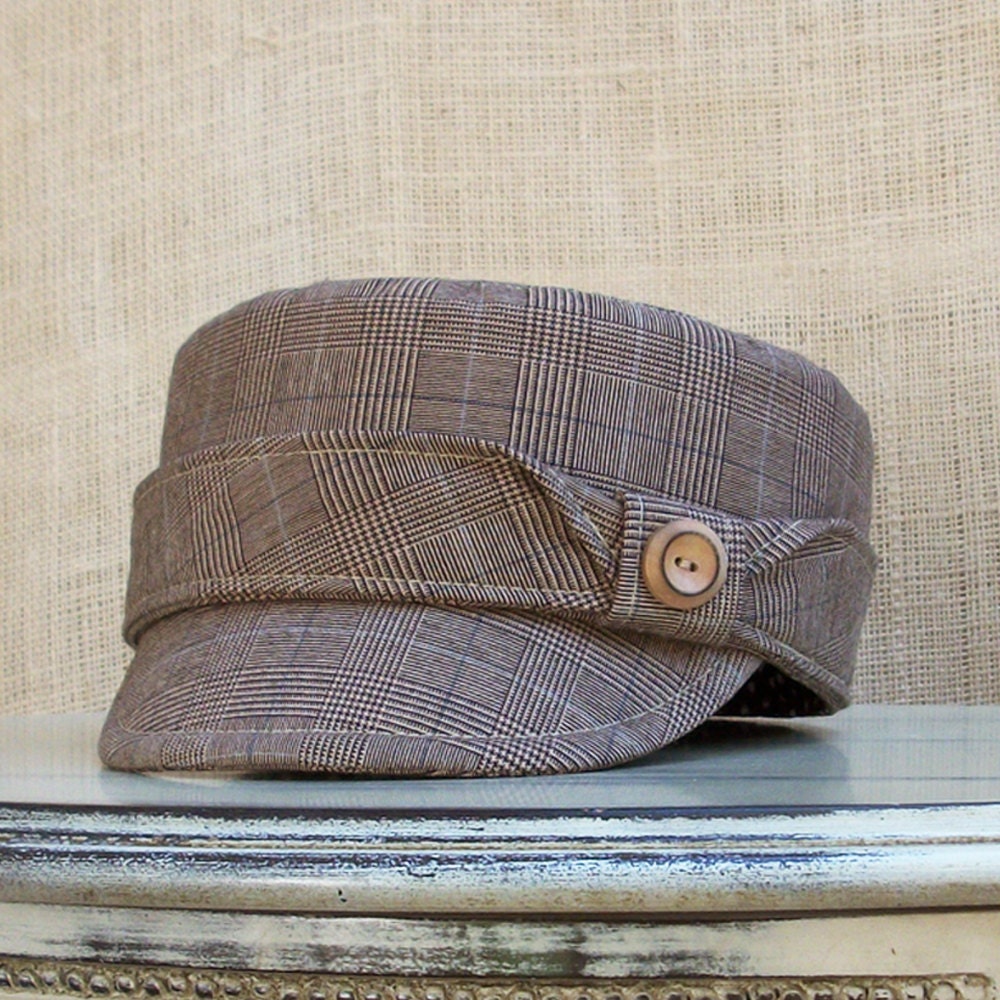 Womens Cotton Military Hat Taupe,brown,blue plaid : Claire