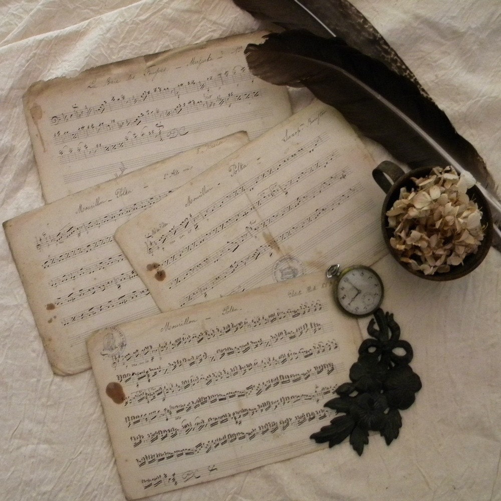 Handwritten vintage French sheet music, lot of 4