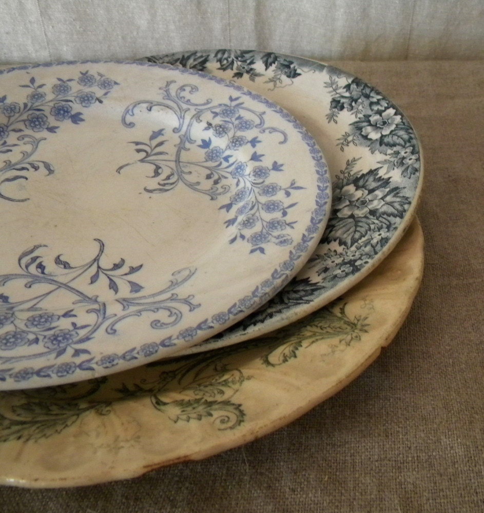 French vintage plates, blue and white, with birds and flowers