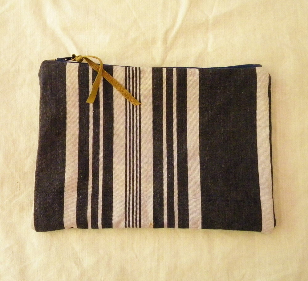 French zippered pouch or clutch recycled from vintage ticking fabric in blue and white stripes