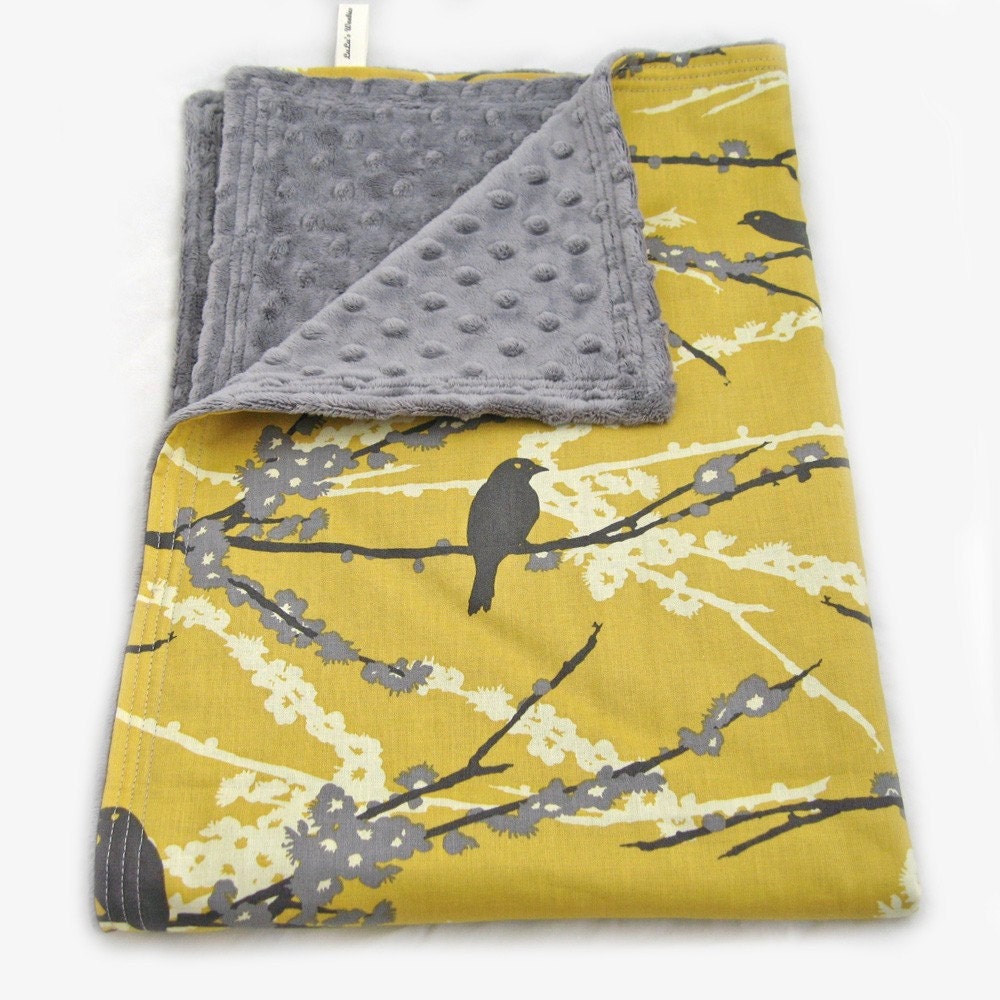 Baby Blanket Mustard Sparrows Charcoal Cherry Blossoms Minky Chenille Woobie