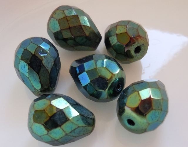 6 Czech Glass Large Drop Beads Green Iris 13x10mm