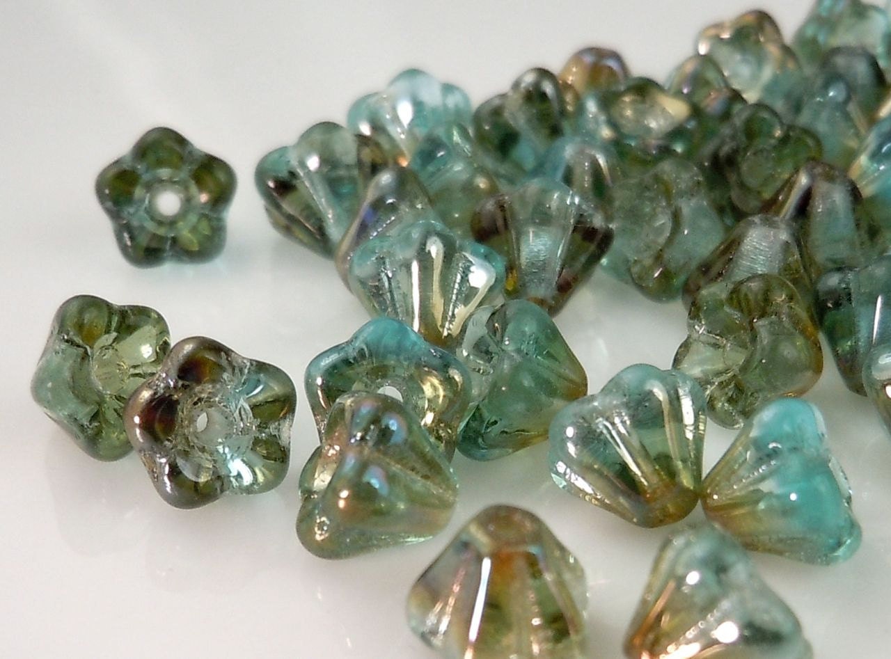 Czech Glass Beads - Baby Bell Flowers Aqua Celsian 4x6mm