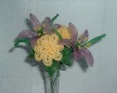 French Beaded Bouqut Purple Lillys & Yellow Zinnias