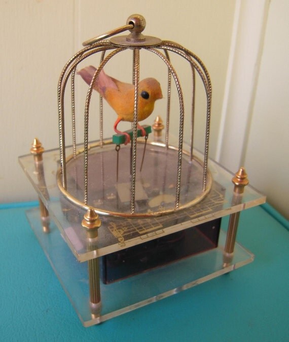 vintage bird in cage music box Japan by vintagegoodies on Etsy