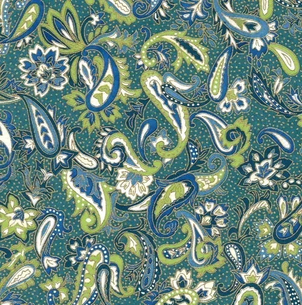 Chiyogami or yuzen paper - teal and green floral paisley, 9x12 inches