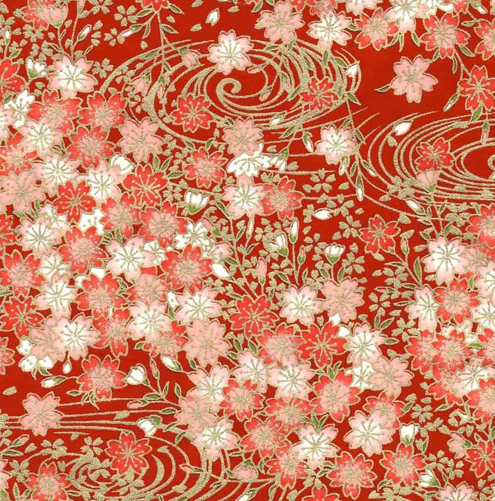 Chiyogami or yuzen paper - pretty clusters of pink cherry blossoms with gold swirls on red, 9x12 inches