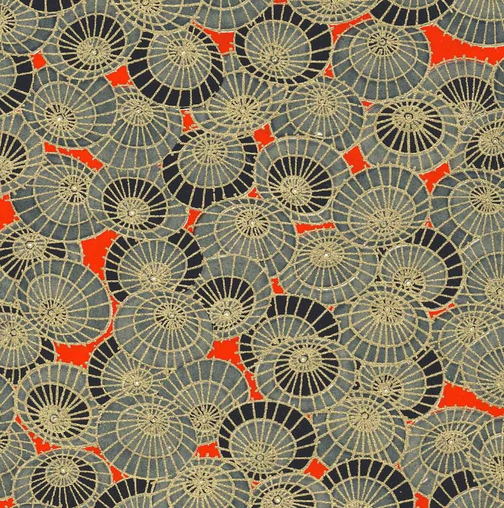 Chiyogami or yuzen paper - rainy day umbrellas - rich red, black and grey with gold, 9x12 inches