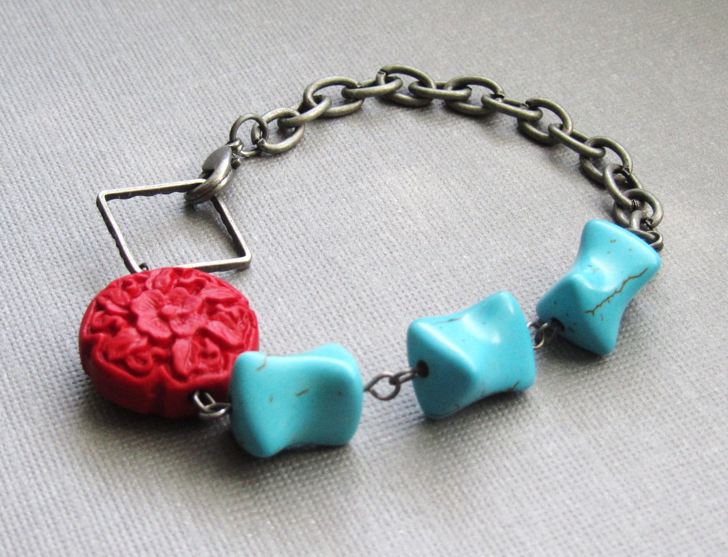 Oxidized Silver Turquoise Nugget and Cinnabar Bracelet