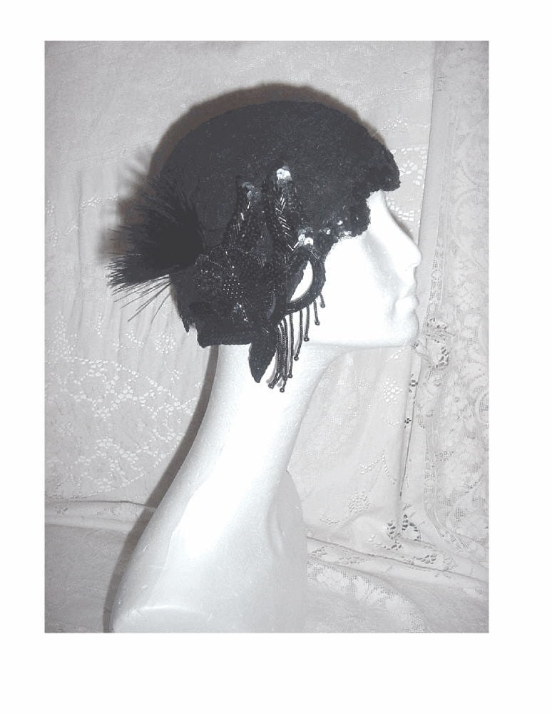 1920s FLAPPER CLOCHE HAT - BEADED FRENCH ALENCON LACE - PLUME - SEQUIN LACE TRIM