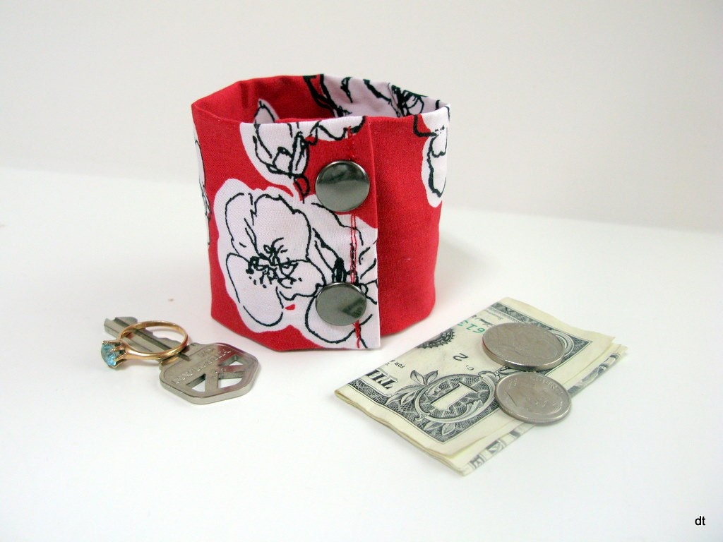 Secret Stash Money Cuff - white flowers on red - hide your cash in a secret inside zipper...