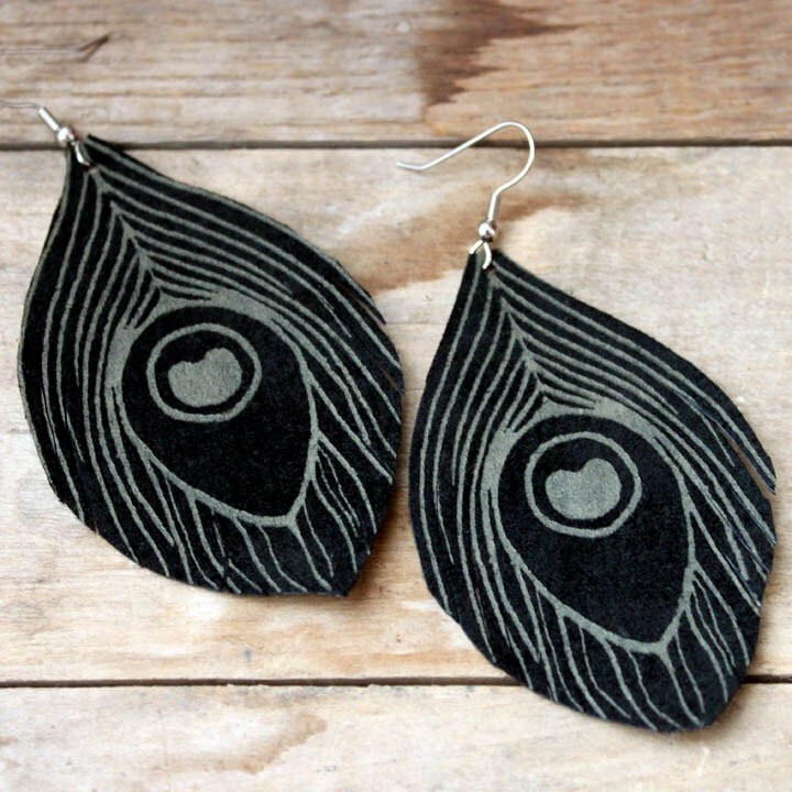 Screen Printed Leather Earrings-Peacock Feather