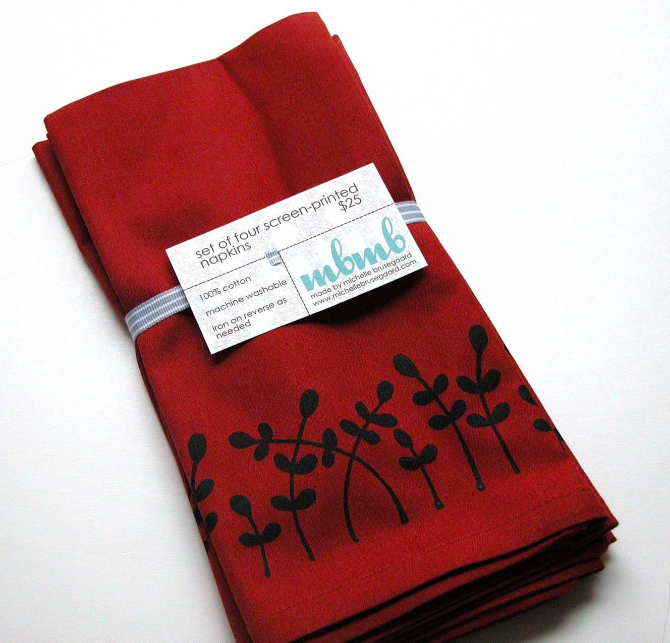 Set of 4 screen-printed napkins-Red with Black Leaf Motif