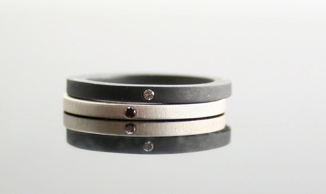 Black & White Diamond Ring Set - Stacking Rings - Flush Set Diamonds