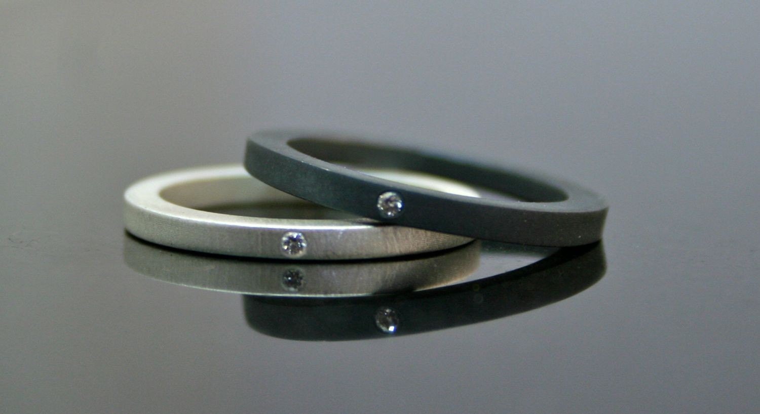 White Diamond Stacking Rings - Wedding Band Set - Matte and Oxidized Black - Engagement Rings - Pair of Two