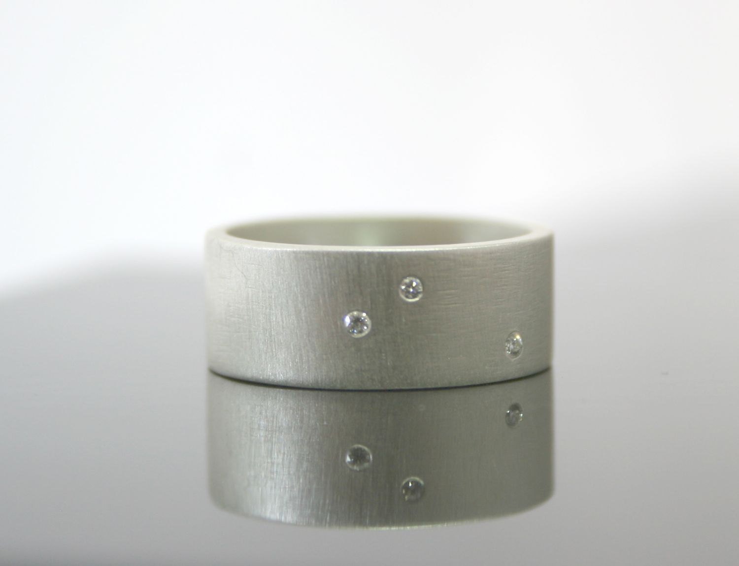 Three Stone Ring - Alternative Diamond Engagement Ring - Wide Band - Scattered Diamonds