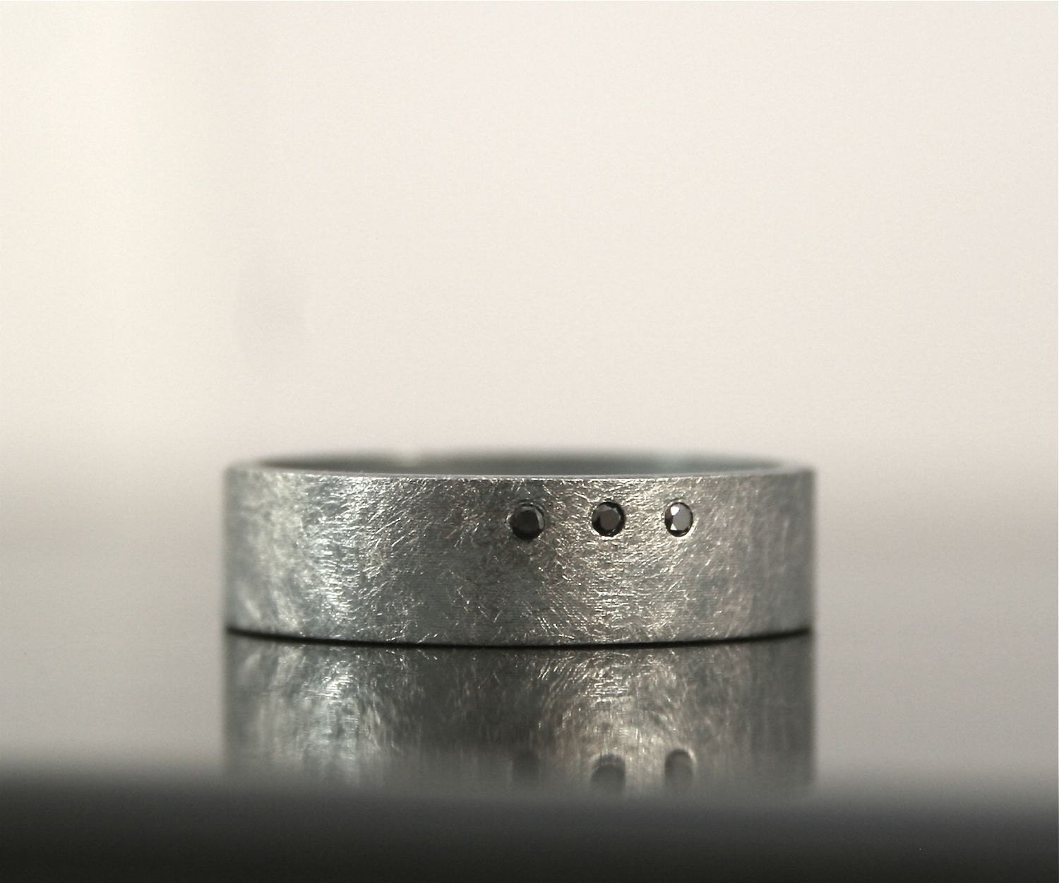 Three Black Diamonds Ring - Sterling Wide Band - Oxidized / Blackened - Modern Artisan Jewelry