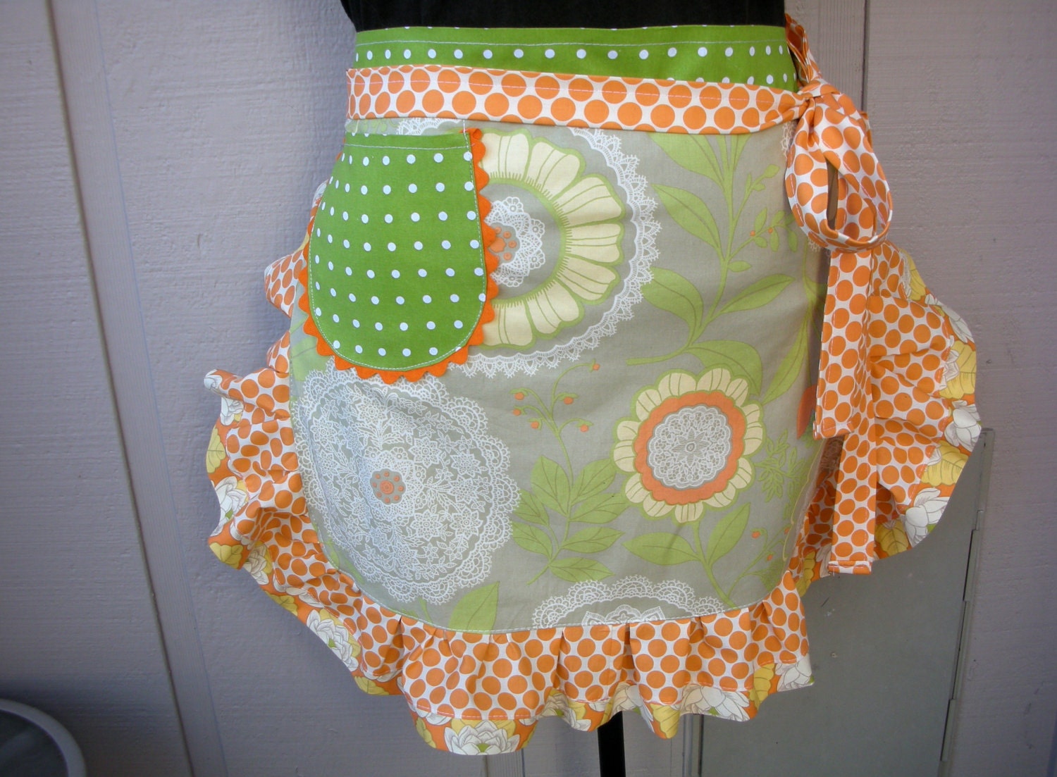 Aprons Half Aprons Lacework and Lotus Apron Amy Butler Aprons Handmade Ruffled Apron Orange Waist Aprons