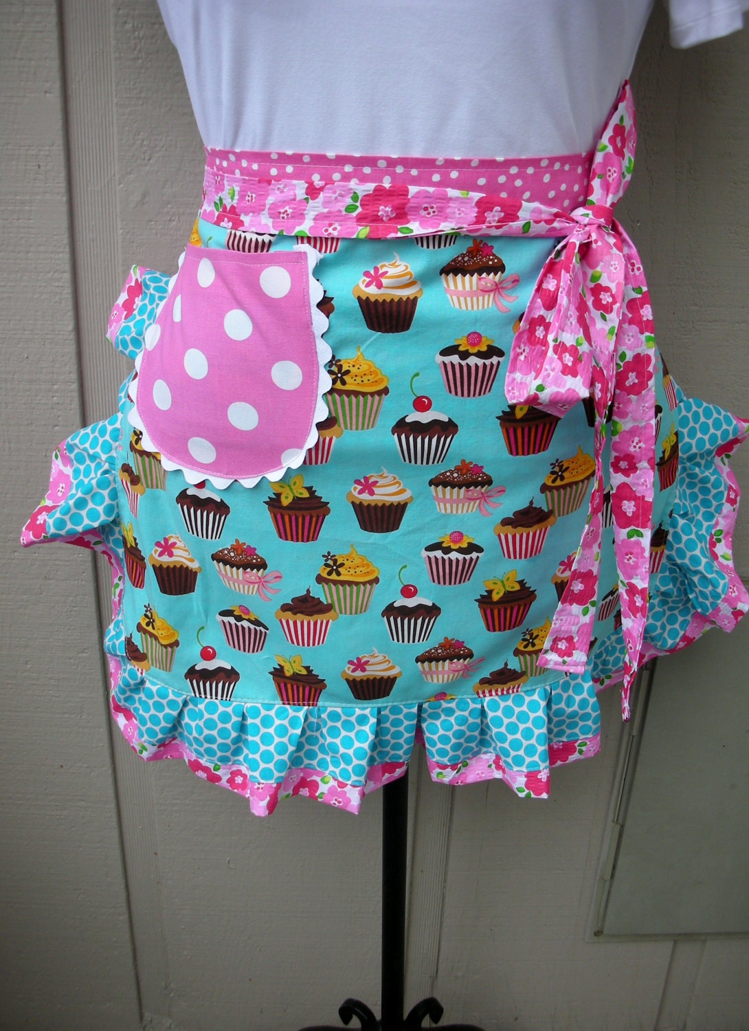 Aprons - Womens Half Aprons - Fabric with cupcakes apron - True Blue Cup Cake Apron - Handmade