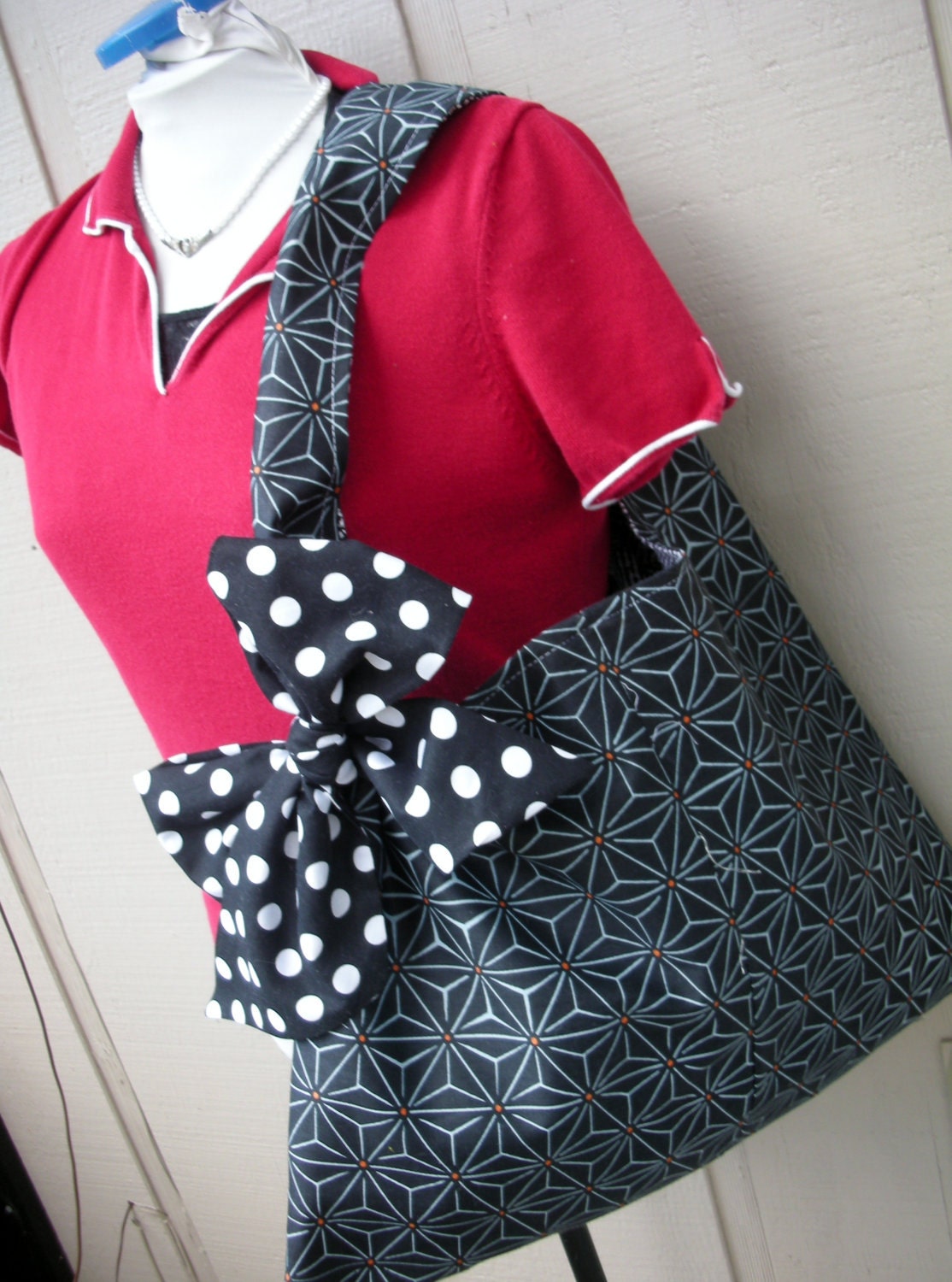 Tote Bag - Black Polka Dotted Bag - Book Bag - Market Bag - Handmade Sling Bag - Decorator Fabrics - Library Bag