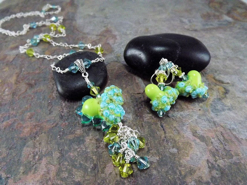 Blue and green necklace set, lampwork bead pendant and earrings set, crystal necklace, sterling silver necklace, Hearts in Atlantis.