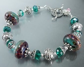 Green bracelet, lampwork beads bracelet, jade green and purple, beaded bracelet with sterling silver and crystal, Terra Firma