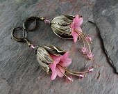 Pink flower earrings, pink tulip earrings, beaded flower earrings, crystal earrings, dangle earrings, Jillian