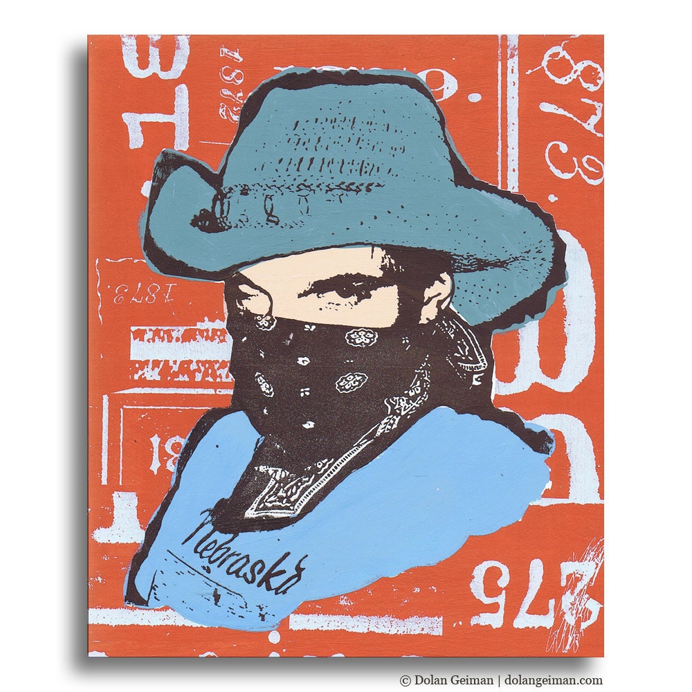 Southwestern Orange Artwork, Nebraska Cowboy Panel Painting, Screenprint on Wood, Baby Blue Texas