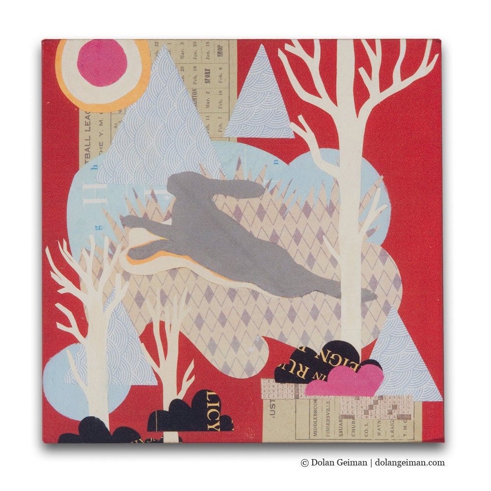 On SALE Rabbit Small Art Print on Wood, Woodland: Hare DG MINI, Red Magenta Forest Landscape