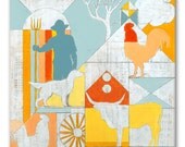 Geometric Modern Print on Wood, Country Morning Mister DG MINI, Drawing & Illustration, Wedding Anniversary Gift