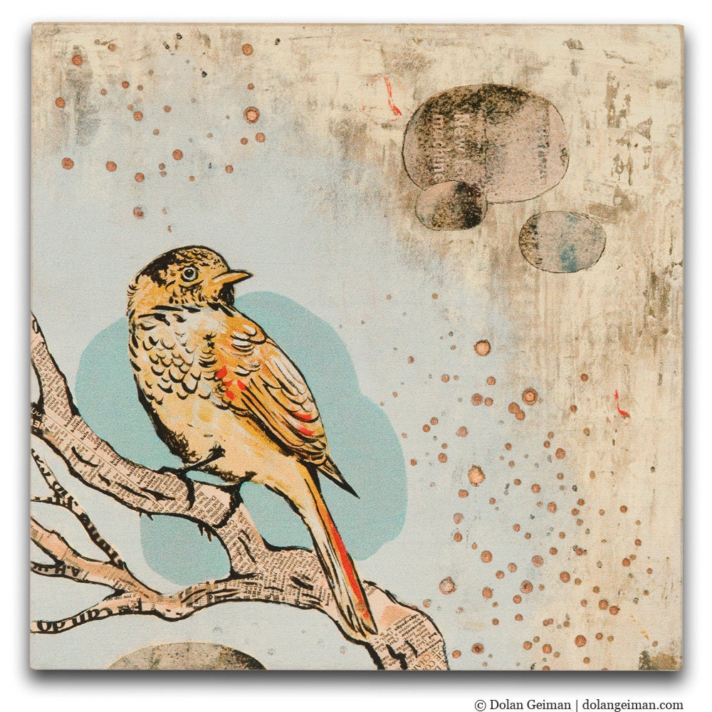 Yellow Canary Painting, Small Bird Art Print on Wood, DG MINI April Evening I