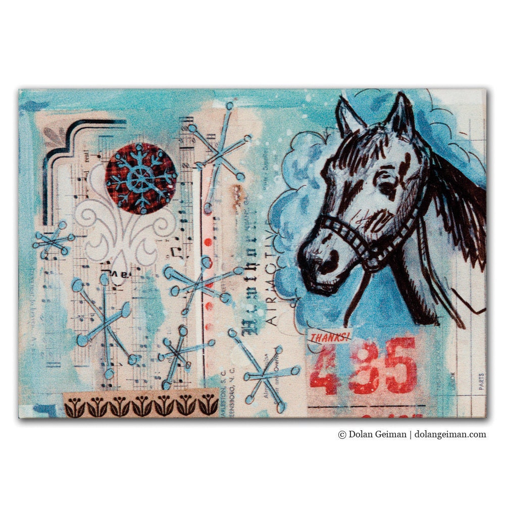 On SALE Small Horse Illustration, Art Print on Wood, DG MINI, Blue Sky Springtime