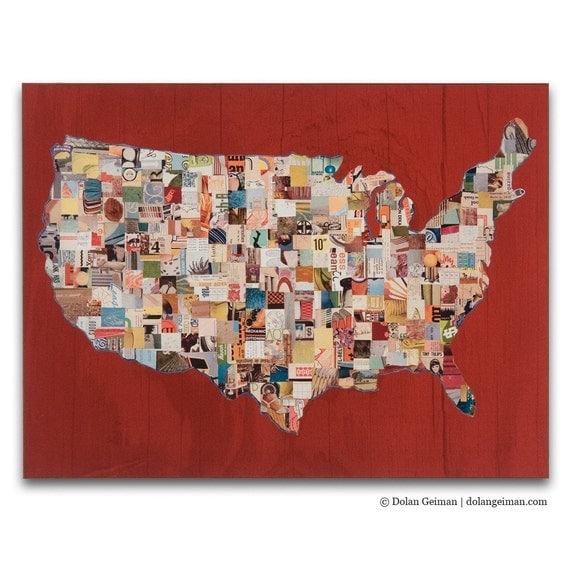 US Map Art Print on Wood, Map (Red) BOX PRINT reproduction