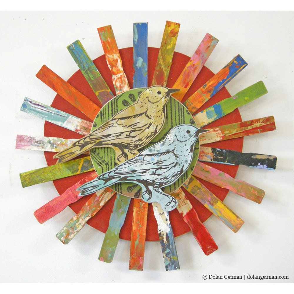 Springtime Sunburst, Songbird Collection (Paint Sticks), Original Wood Art Assemblage, Made to Order